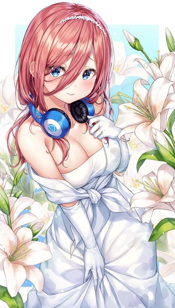 Anime picture 900x1576 with go-toubun no hanayome nakano miku r o ha single long hair tall image looking at viewer blush fringe breasts blue eyes light erotic hair between eyes large breasts standing bare shoulders red hair head tilt arm up hand on chest