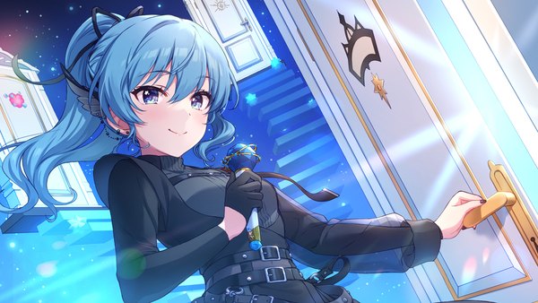Anime picture 1344x756 with virtual youtuber hololive hoshimachi suisei hoshimachi suisei (shout in crisis) mikami (mcm ncb) single long hair looking at viewer fringe blue eyes smile hair between eyes wide image blue hair upper body official art official alternate costume girl microphone single glove