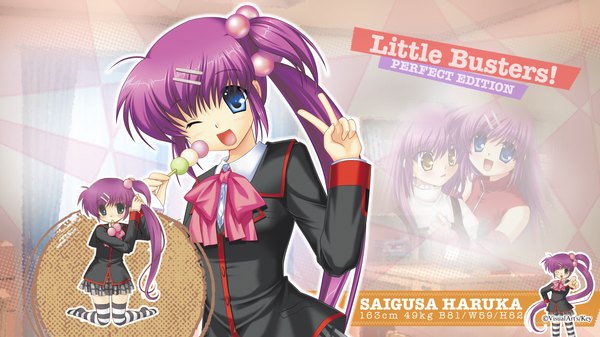 Anime picture 1920x1080 with little busters! key (studio) saigusa haruka hinoue itaru long hair highres open mouth blue eyes wide image purple hair ponytail one eye closed wink inscription wallpaper chibi girl uniform hair ornament school uniform