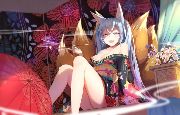 Anime picture 1300x831 with vocaloid hatsune miku mobu (wddtfy61) single long hair looking at viewer breasts open mouth blue eyes light erotic large breasts sitting twintails animal ears blue hair cleavage tail animal tail off shoulder fox ears