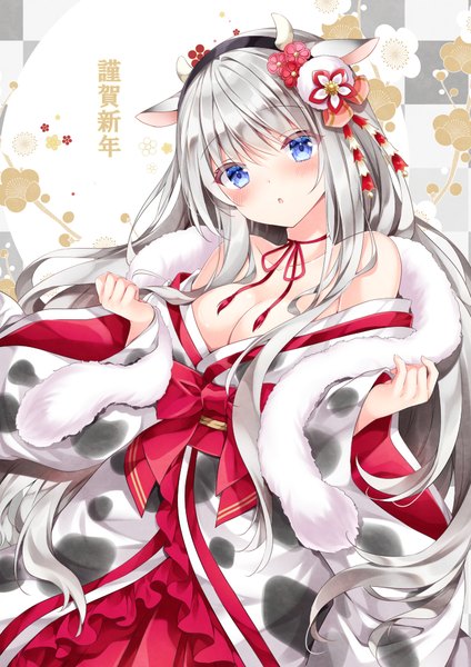 Anime picture 700x990 with original nogi takayoshi single long hair tall image looking at viewer blush breasts blue eyes light erotic large breasts animal ears cleavage silver hair traditional clothes japanese clothes :o fake animal ears new year animal print