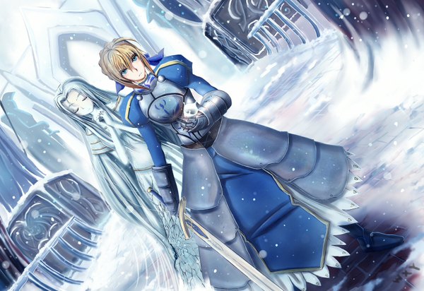 Anime picture 1488x1024 with fate (series) fate/stay night studio deen type-moon artoria pendragon (all) saber zen (weishanzhe) short hair blue eyes blonde hair snowing snow girl weapon sword armor