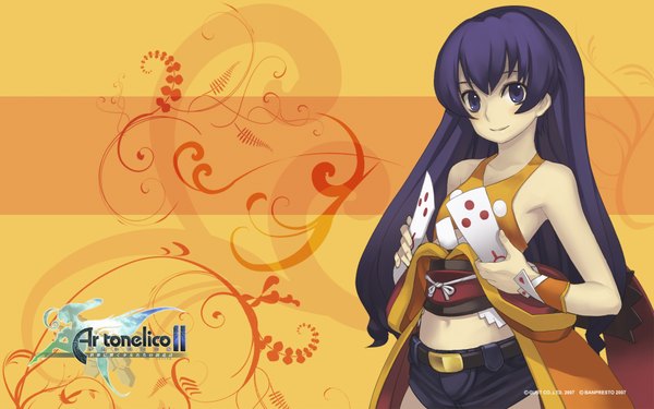 Anime picture 1680x1050 with ar tonelico ar tonelico ii gust (company) frelia cocona vatel nagi ryou single long hair looking at viewer fringe highres smile wide image purple eyes bare shoulders holding payot purple hair midriff wallpaper