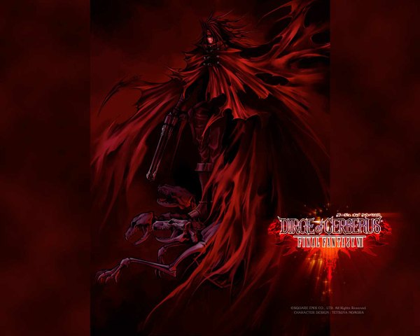 Anime picture 1280x1024 with final fantasy final fantasy vii square enix vincent valentine torn clothes red background skeleton boy weapon gun cloak