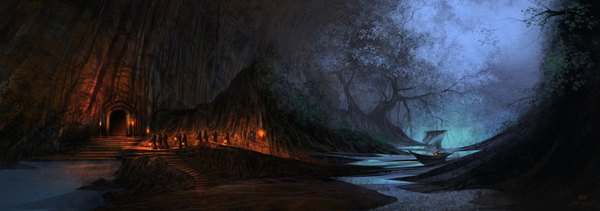Anime picture 2000x705 with original ferdinand ladera highres wide image wallpaper mountain ambiguous gender plant (plants) tree (trees) water lantern stairs watercraft boat torch