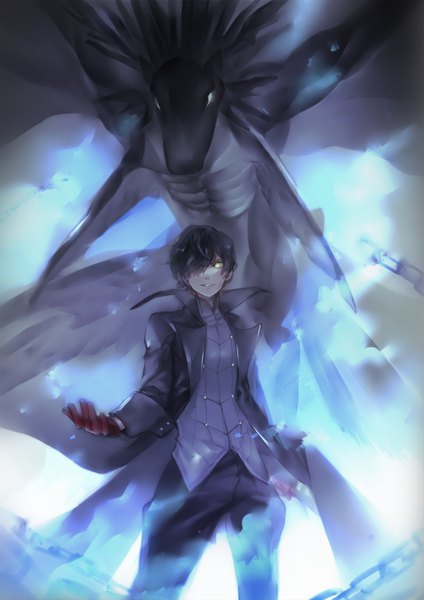 Anime picture 1000x1414 with persona 5 persona amamiya ren fuyuse (tachinami) tall image fringe short hair black hair standing yellow eyes hair over one eye open jacket outstretched arm glowing boy gloves jacket chain monster red gloves