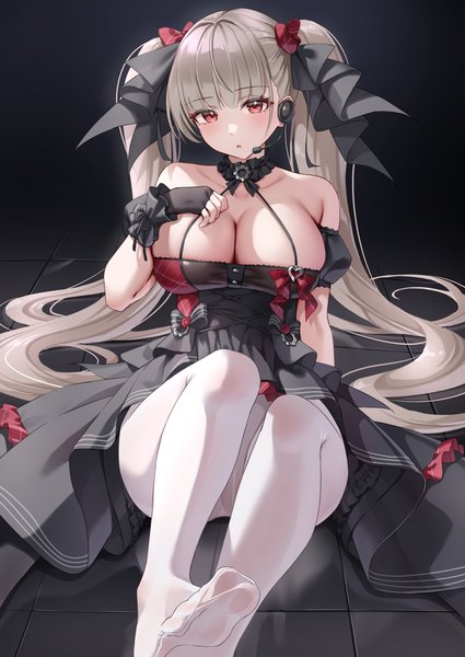 Anime-Bild 2508x3541 mit azur lane formidable (azur lane) formidable (muse) (azur lane) classic (zildjian33) single tall image looking at viewer blush fringe highres breasts open mouth light erotic red eyes large breasts sitting twintails bare shoulders silver hair bent knee (knees)