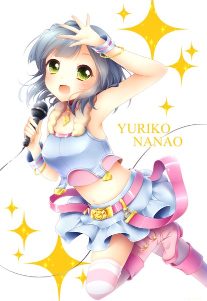 Anime picture 691x1000 with idolmaster idolmaster million live! nanao yuriko sanotsuki single tall image short hair green eyes grey hair sparkle character names million dreams girl thighhighs dress navel boots bracelet striped thighhighs microphone
