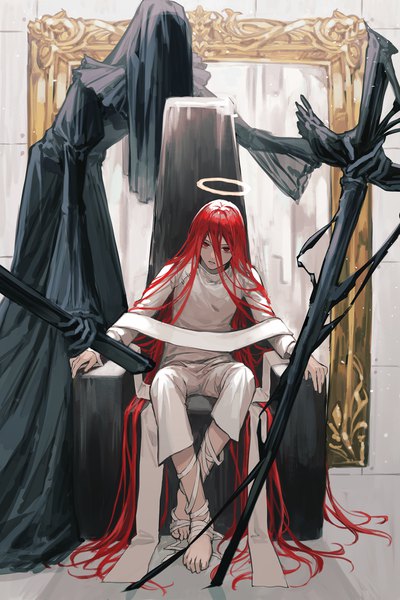 Anime picture 1333x2000 with original uminonew single tall image looking at viewer fringe hair between eyes red eyes sitting full body red hair very long hair barefoot boy halo bandage (bandages) picture frame throne