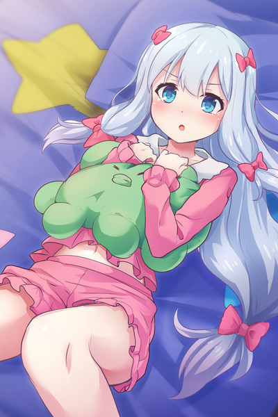 Anime picture 1280x1920 with eromanga sensei a-1 pictures izumi sagiri samoore single long hair tall image looking at viewer blush fringe open mouth blue eyes hair between eyes silver hair bent knee (knees) lying bare legs :o on back tears