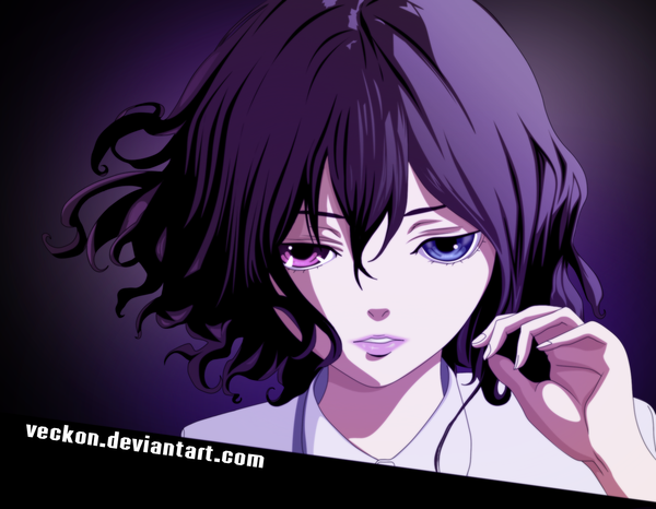 Anime picture 1694x1317 with another p.a. works misaki mei veckon single short hair blue eyes purple hair pink eyes lipstick heterochromia coloring portrait purple background girl