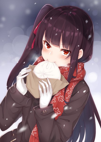 Anime picture 1158x1637 with girls frontline wa2000 (girls frontline) coffeedog single long hair tall image looking at viewer blush fringe smile red eyes holding purple hair upper body outdoors blunt bangs long sleeves blurry one side up snowing