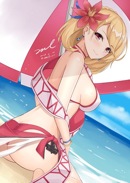 Anime picture 800x1132 with azur lane prince of wales (azur lane) prince of wales (windsor sun) (azur lane) unel single tall image looking at viewer blush fringe short hair breasts light erotic blonde hair red eyes large breasts sitting signed sky cloud (clouds) outdoors
