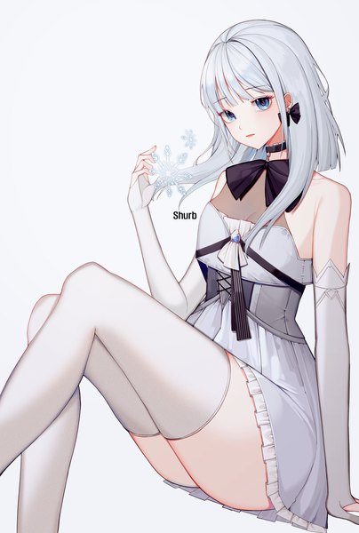 Anime picture 2445x3630 with original shurb single long hair tall image looking at viewer blush fringe highres short hair breasts blue eyes light erotic simple background white background sitting bare shoulders signed bent knee (knees) white hair