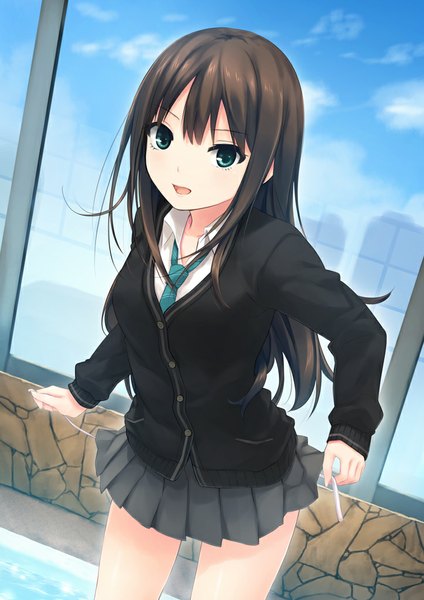 Anime picture 724x1024 with idolmaster idolmaster cinderella girls shibuya rin coffee-kizoku single long hair tall image looking at viewer open mouth blue eyes black hair smile sky cloud (clouds) pleated skirt undressing girl skirt uniform underwear