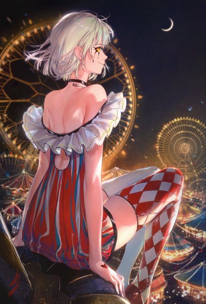 Anime picture 926x1363 with original hoojiro single tall image looking at viewer fringe short hair smile sitting bare shoulders signed yellow eyes silver hair profile looking back off shoulder night mole arm support night sky