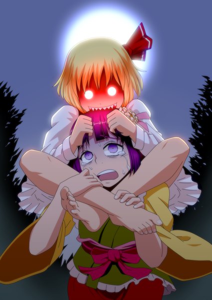 Anime picture 850x1200 with touhou rumia hieda no akyuu iromeki overdrive tall image fringe short hair open mouth blonde hair red eyes standing purple eyes multiple girls purple hair full body upper body outdoors blunt bangs long sleeves barefoot