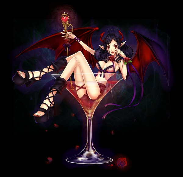Anime picture 1035x1000 with original falseele single long hair looking at viewer breasts light erotic black hair red eyes horn (horns) dark background demon girl girl flower (flowers) petals wings shoes shorts