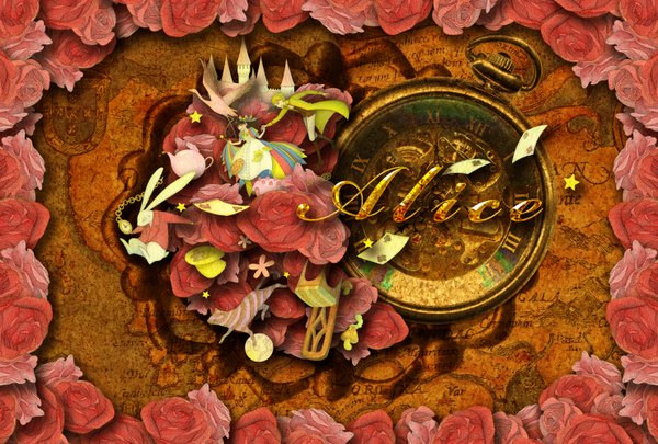 Anime picture 1480x1000 with alice in wonderland white rabbit aruf (matitosora) couple holding hands girl dress flower (flowers) animal bird (birds) rose (roses) cat chair clock bunny card (cards) pocket watch castle teapot
