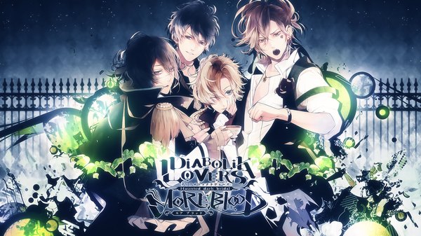 Anime picture 1920x1080 with diabolik lovers idea factory mukami ruki mukami kou mukami yuuma mukami azusa satoi (artist) eysaa looking at viewer fringe highres short hair open mouth blue eyes black hair hair between eyes brown hair wide image brown eyes one eye closed