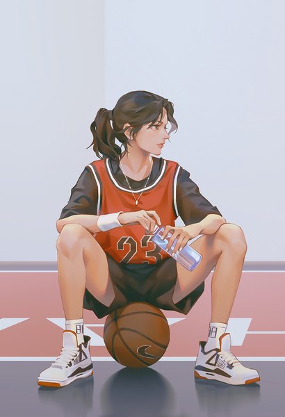 Anime picture 956x1400 with original nike tamias single long hair tall image brown hair sitting brown eyes looking away full body ponytail indoors profile turning head girl uniform socks shoes pendant