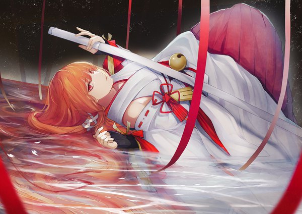 Anime picture 1587x1122 with code: dragon blood uesugi erii marumoru single long hair looking at viewer fringe hair between eyes red eyes holding traditional clothes japanese clothes orange hair partially submerged sheathed girl ribbon (ribbons) weapon sword water