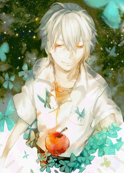 Anime picture 2220x3106 with neon genesis evangelion gainax nagisa kaworu nibanmachi wakai single tall image fringe highres short hair red eyes white hair from above light smile boy shirt insect butterfly blood pants t-shirt