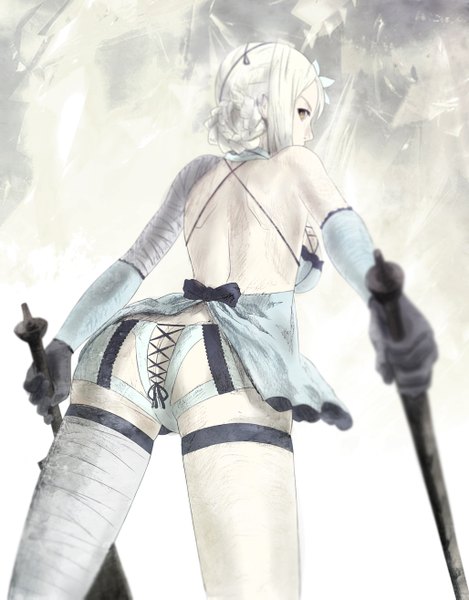 Anime picture 1028x1315 with nier kaine (nier) long hair tall image looking at viewer light erotic simple background standing holding yellow eyes white hair looking back wind from below back single braid dual wielding underwear panties sword