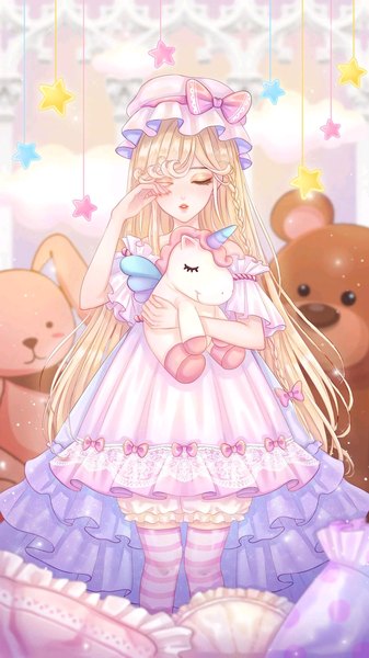Anime-Bild 1500x2668 mit tagme (artist) single long hair tall image fringe blonde hair standing holding eyes closed arm up girl thighhighs dress bow hat pillow star (symbol) toy stuffed animal striped thighhighs