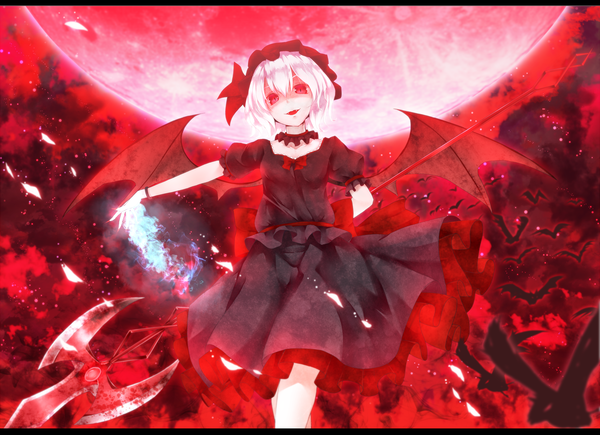 Anime picture 1800x1306 with touhou remilia scarlet dabadhi single highres short hair open mouth red eyes white hair letterboxed red moon girl dress weapon wings bat spear the gungnir