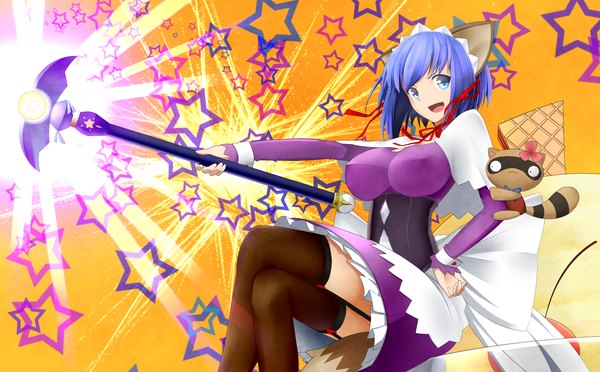 Anime picture 2800x1736 with ninnzinn highres short hair breasts open mouth blue eyes light erotic wide image large breasts animal ears blue hair orange background girl thighhighs dress black thighhighs star (symbol) staff