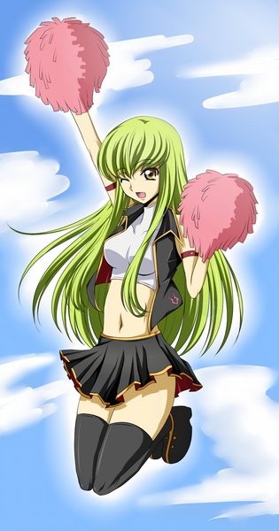 Anime picture 700x1330 with code geass sunrise (studio) c.c. ccllsaikou single long hair tall image fringe open mouth yellow eyes cloud (clouds) one eye closed green hair wink cheerleader girl thighhighs navel black thighhighs miniskirt