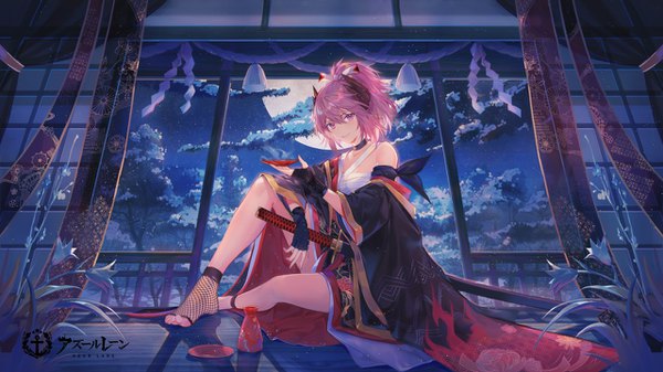 Anime picture 1280x720 with azur lane kirishima (azur lane) kirishima (casual dazzle) (azur lane) criin single looking at viewer fringe short hair smile hair between eyes wide image sitting purple eyes holding purple hair full body ponytail indoors traditional clothes japanese clothes