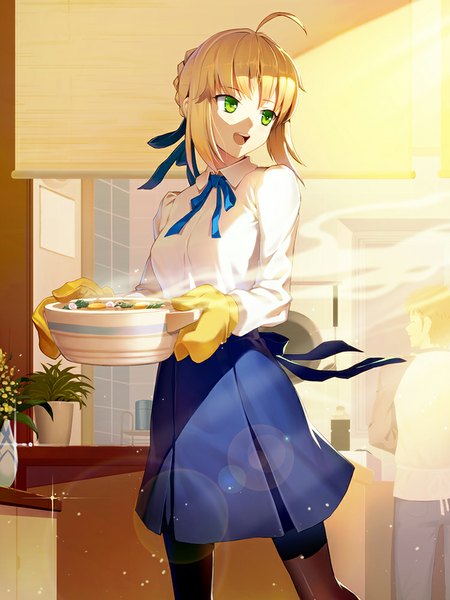 Anime picture 750x1000 with fate (series) fate/stay night type-moon artoria pendragon (all) saber emiya shirou vmax-ver (a3eilm2s2y) single long hair tall image short hair open mouth blonde hair standing holding green eyes looking away ahoge profile pleated skirt