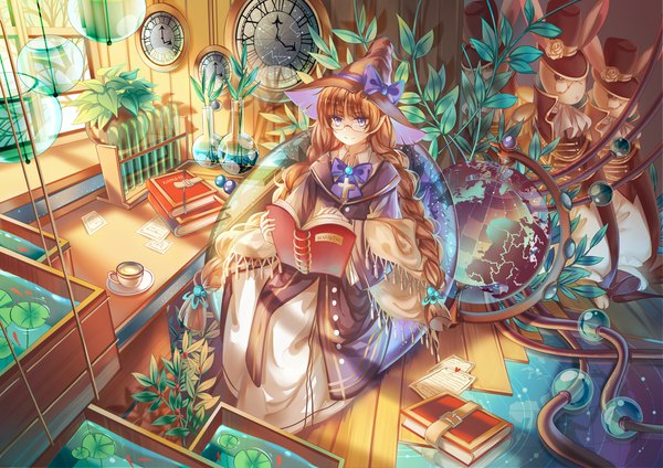 Anime picture 2000x1414 with original instockee single long hair highres blue eyes smile brown hair sitting indoors braid (braids) twin braids girl dress flower (flowers) bow plant (plants) hat animal water