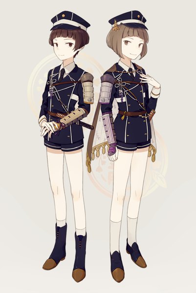 Anime picture 1111x1662 with touken ranbu nitroplus maeda toushirou hirano toushirou o-ishi tall image looking at viewer short hair simple background brown hair standing brown eyes full body grey background multiple boys military bob cut boy uniform weapon