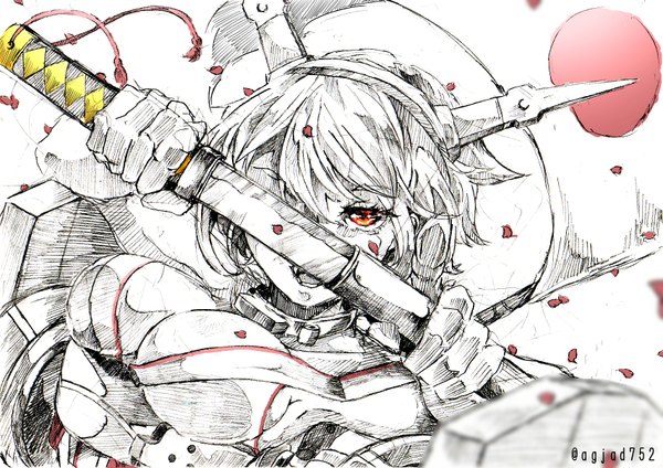 Anime picture 1708x1208 with kantai collection mutsu battleship agjad752 single looking at viewer highres short hair breasts open mouth simple background large breasts white background teeth orange eyes fang (fangs) monochrome close-up girl gloves weapon