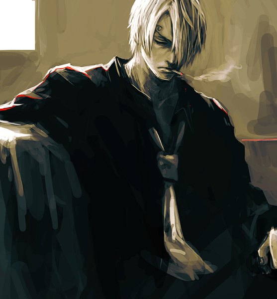 Anime picture 1010x1088 with one piece toei animation sanji tsuyomaru single tall image fringe short hair sitting white hair eyes closed hair over one eye smoke smoking boy necktie cigarette