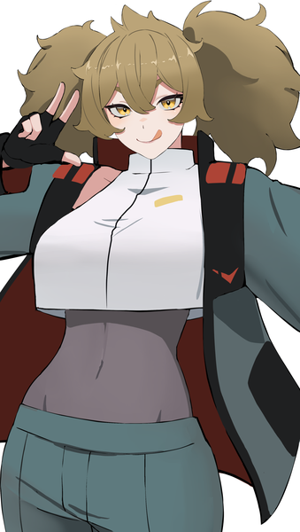 Anime picture 1158x2047 with mobile suit gundam gundam suisei no majo sunrise (studio) renee costa reibun (raven1119) single tall image looking at viewer fringe short hair simple background hair between eyes brown hair white background twintails yellow eyes midriff covered navel short twintails victory