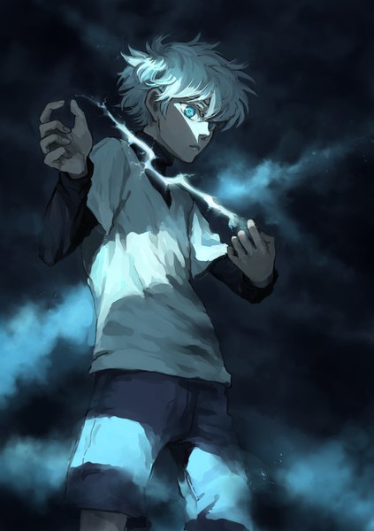 Anime picture 1748x2480 with hunter x hunter killua zaoldyeck gehirnkaefer single tall image looking at viewer fringe highres short hair blue eyes hair between eyes standing silver hair dark background electricity boy