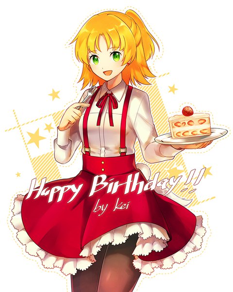 Anime picture 750x938 with original kei-chan (atlas kei) single tall image looking at viewer fringe short hair open mouth simple background blonde hair smile standing white background holding green eyes signed :d one side up text english