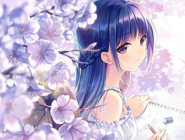 Anime-Bild 926x700 mit original riv single long hair looking at viewer blush fringe purple eyes holding signed payot blue hair upper body braid (braids) cherry blossoms dated drawing girl flower (flowers) hat