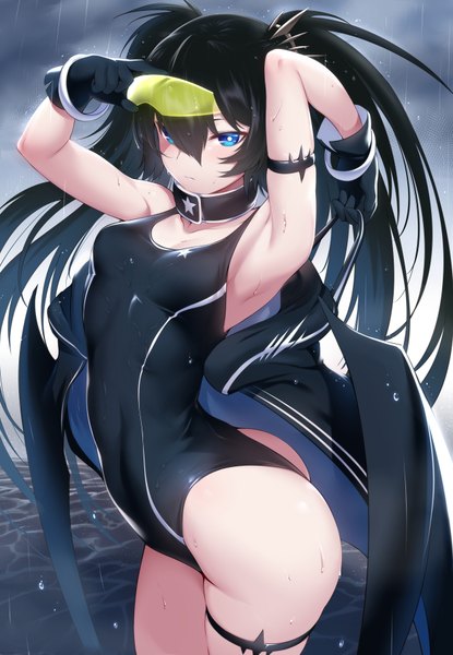 Anime picture 1254x1813 with black rock shooter black rock shooter (character) mdastarou single long hair tall image looking at viewer blush fringe breasts blue eyes light erotic black hair hair between eyes standing twintails ass outdoors arms up armpit (armpits)