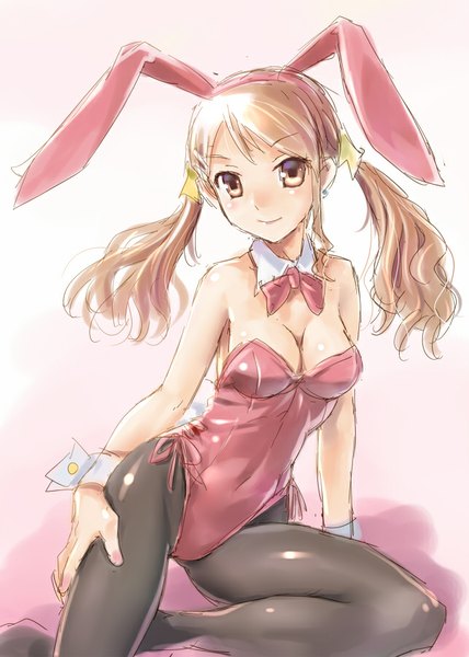 Anime picture 642x900 with original katahira masashi single long hair tall image looking at viewer blush breasts light erotic blonde hair sitting twintails bare shoulders brown eyes animal ears bunny ears fake animal ears girl pantyhose wrist cuffs