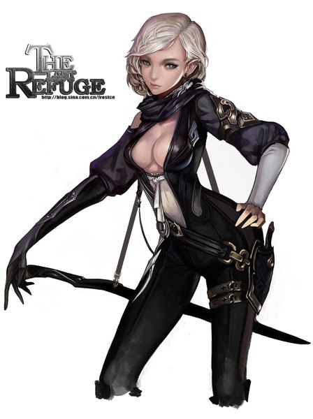 Anime picture 1494x2000 with sakusaku (frostce) single tall image fringe short hair blue eyes light erotic simple background blonde hair white background looking away cleavage lips pointy ears hand on hip arched back cropped girl weapon earrings