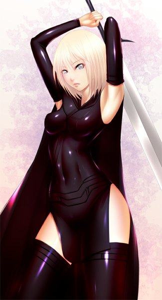 Anime picture 543x1000 with claymore madhouse clare (claymore) shokuyou mogura single tall image looking at viewer short hair breasts blue eyes white hair armpit (armpits) girl thighhighs dress weapon black thighhighs detached sleeves sword