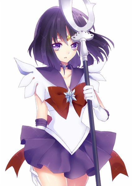 Anime picture 990x1399 with bishoujo senshi sailor moon toei animation tomoe hotaru sailor saturn kyouda suzuka single tall image looking at viewer blush short hair open mouth black hair simple background white background purple eyes girl gloves weapon choker elbow gloves