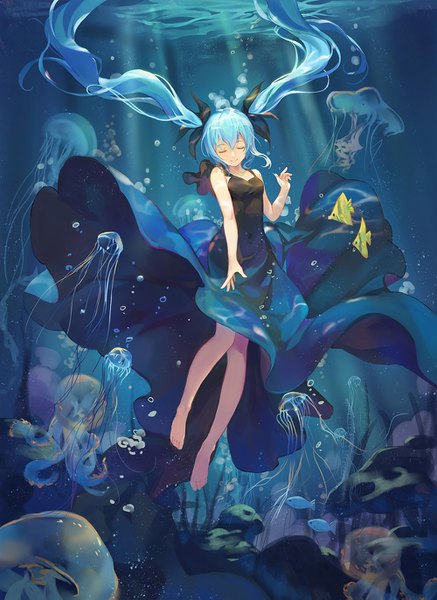 Anime picture 1000x1371 with vocaloid shinkai shoujo (vocaloid) hatsune miku atdan single tall image fringe smile hair between eyes twintails bare shoulders blue hair full body eyes closed very long hair barefoot floating hair girl dress animal
