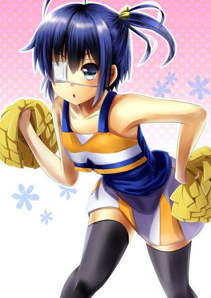 Anime picture 702x993 with chuunibyou demo koi ga shitai! kyoto animation takanashi rikka fukuma single tall image short hair blue hair ahoge aqua eyes :o one side up cheerleader girl thighhighs bow black thighhighs hair bow eyepatch pompon