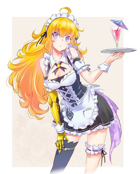 Anime picture 1155x1440 with rwby rooster teeth yang xiao long iesupa single long hair tall image looking at viewer breasts simple background blonde hair large breasts purple eyes holding ahoge head tilt :o maid leaning alternate costume